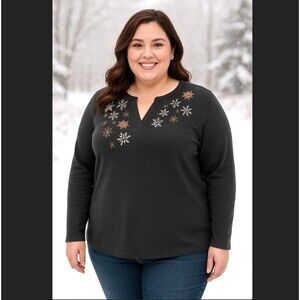 J. Jill Snowflake Top Plus 2X  Waffle Knit Embroidered Charcoal Gray Long Sleeve